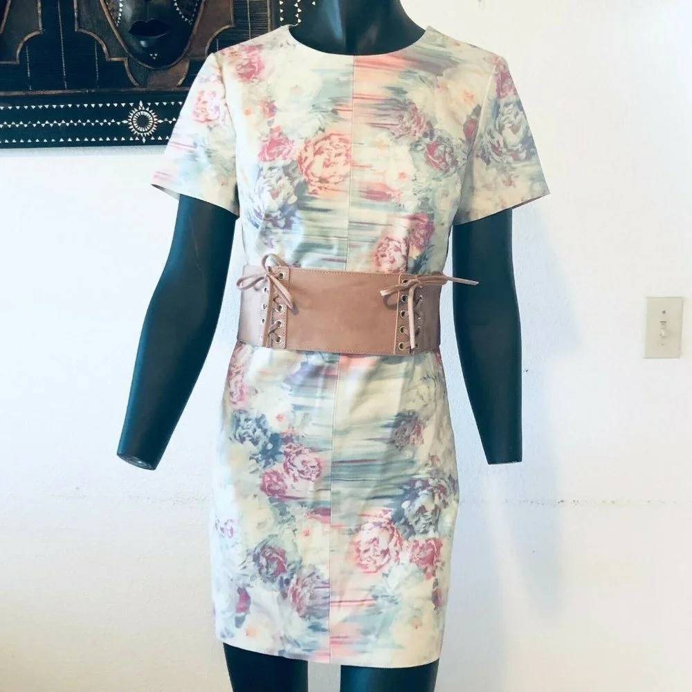 Asos 100% Leather Multicolor Floral Crew Neck Short Sleeves Mini Dress Size 8